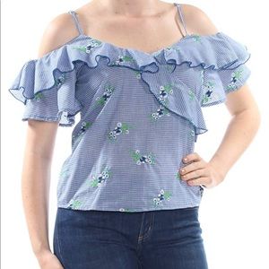 Ruffled Gingham Off-The-Shoulder Blouse-BLUE/S/NWT